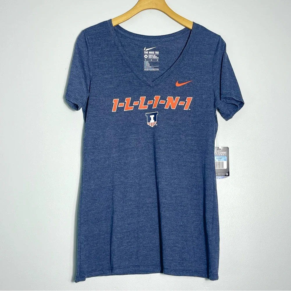 NWT NIKE "The New Tee" Women Heather Navy Blue Illini T-Shirt V-Neck Size Medium - Picture 1 of 9